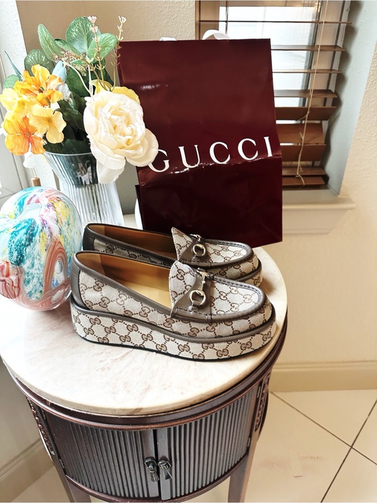 Gucci Shoes - Gucci Beige Signature GG Canvas Horsebit Platform Loafers